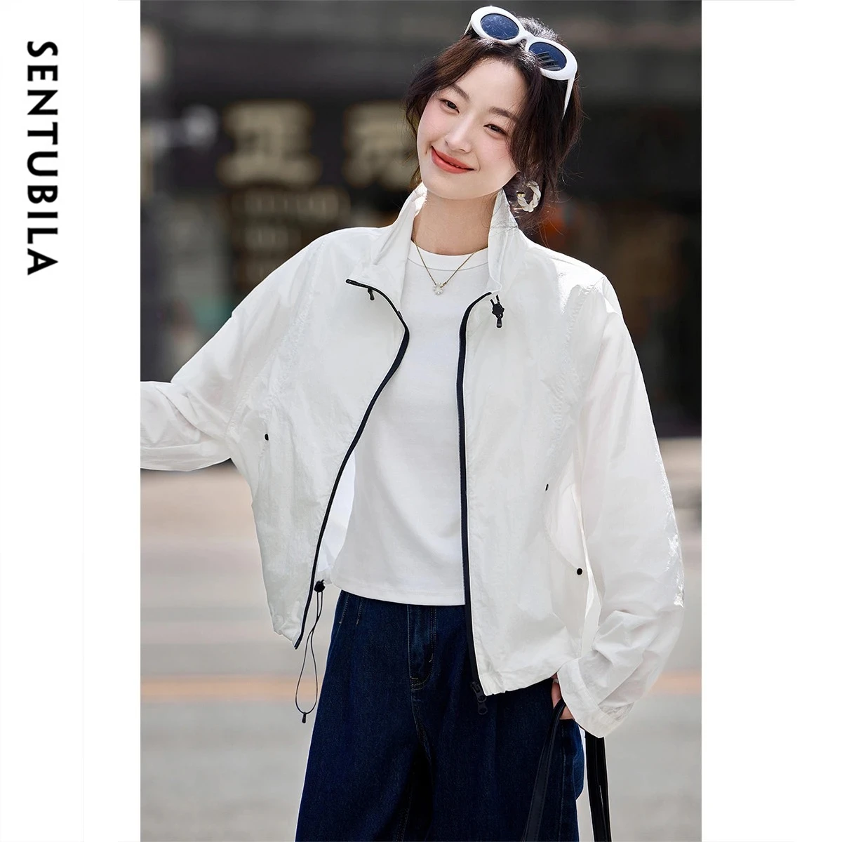 

SENTUBILA Women Lightweight Long Sleeve Jacket Spring Summer Stand Collar Drawstring Color Block Zipper Loose Coat W52WB1844