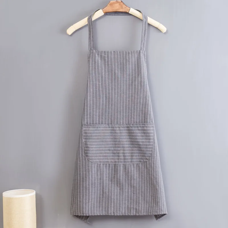 Japanese Large Pocket Cotton Linen Apron Striped Plain Simple Art Hanging Neck Apron Kitchen Cafe Flower Shop Overalls Couple