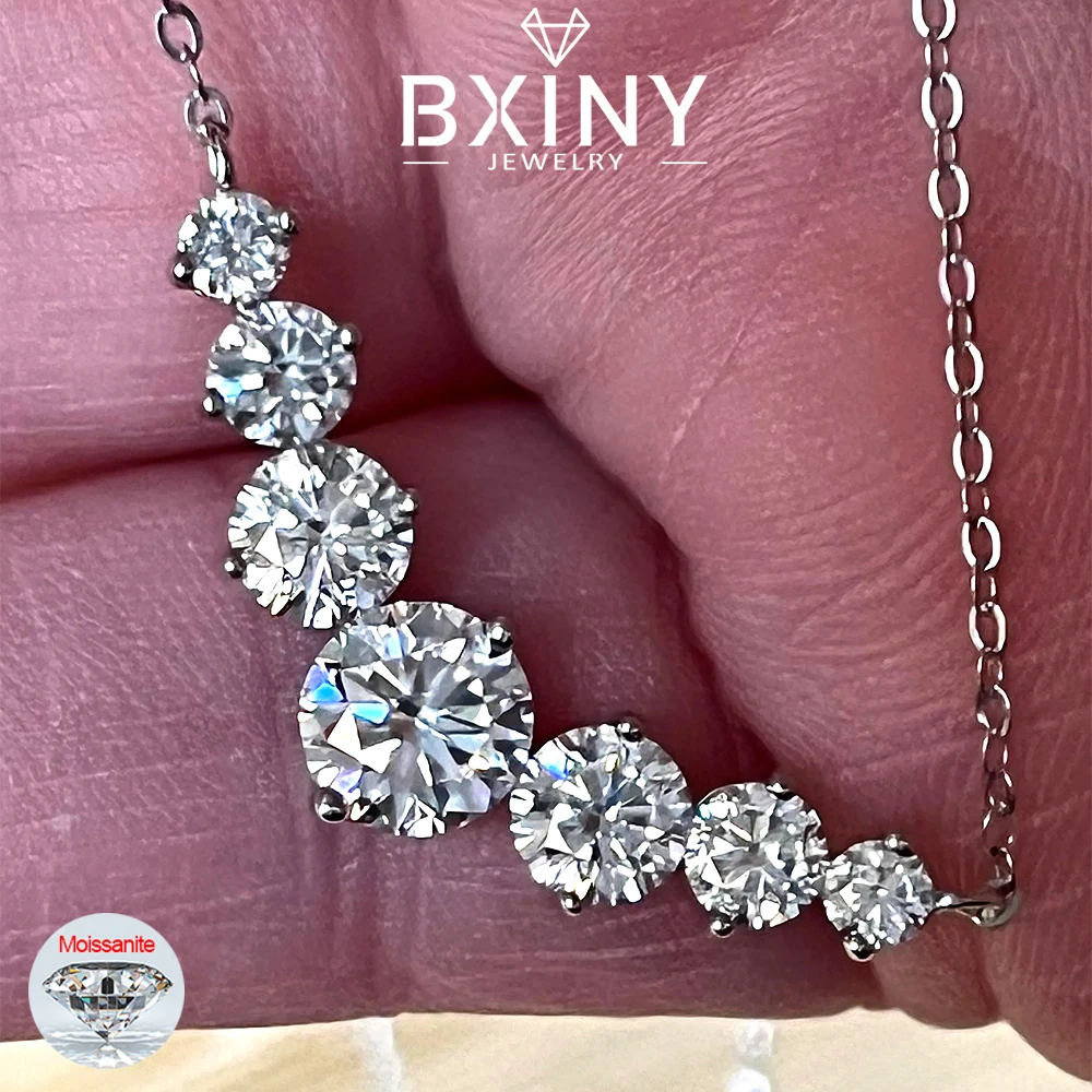 

BXINY 7-stone Moissanite Pendants Necklace 100%S925 Silver Certified Diamond Smile Shape Neck Chain for Women Fine Jewelry Gifts