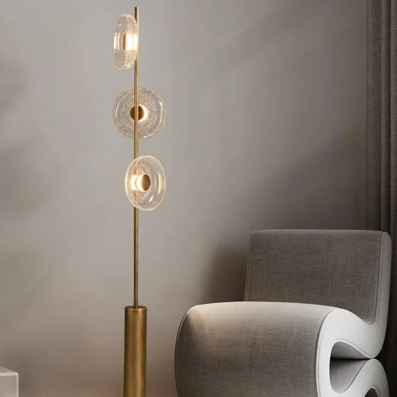 Moden Gold Wrought Iron Floor Lamp Three Heads Ice Crack Glass Lampshade Study Bedroom Living Room Restaurant LED Standing Light