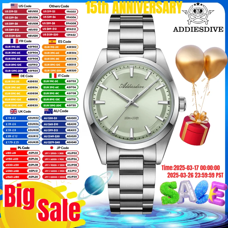 Addiesdive 36mm AD2066 Herenhorloge BGW9 Luminou Bubble Spiegelglas 316L Roestvrij Staal Reloj Hombre 100m Waterdicht Quartz Horloge