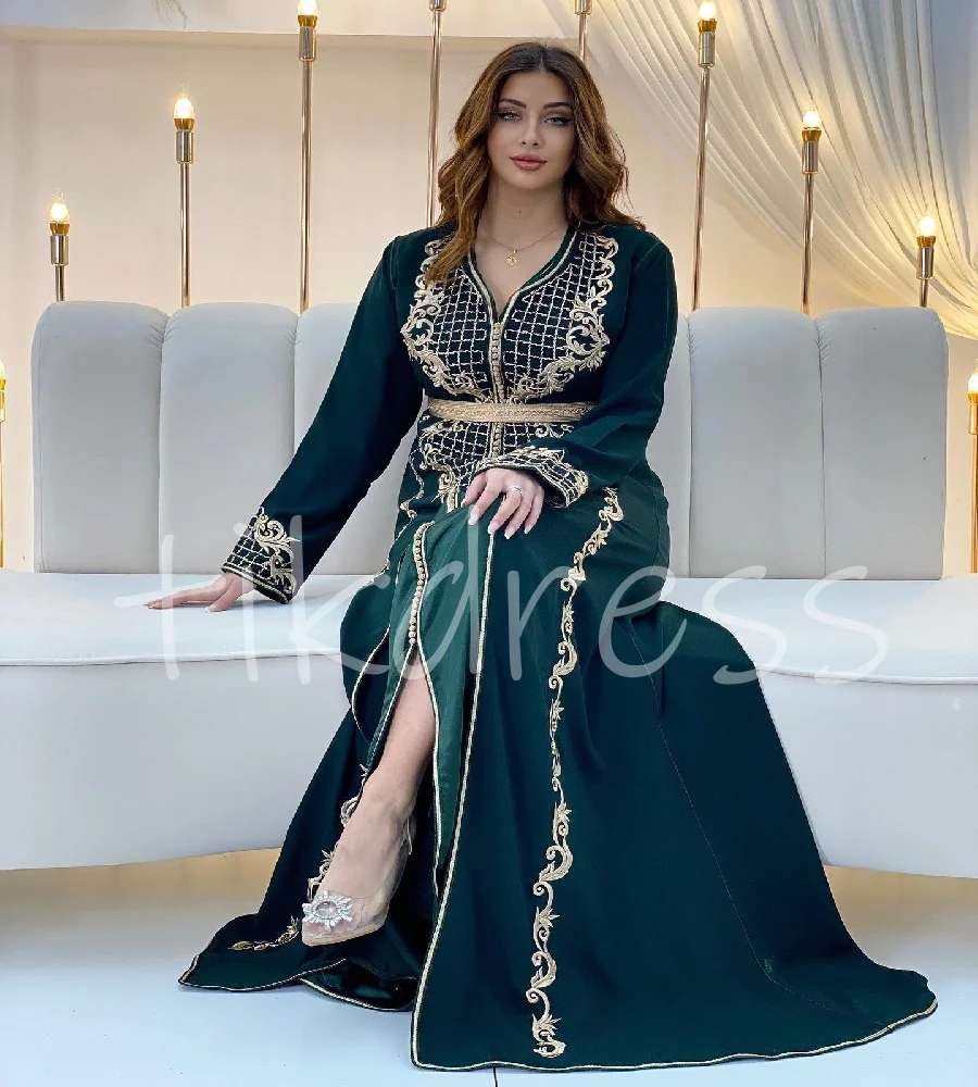 

Traditional Albanian Green Prom Dress 2025 Gold Embroidery Caftan Moroccan Evening Dress Abaya Formal Occasion TakchitCustomized