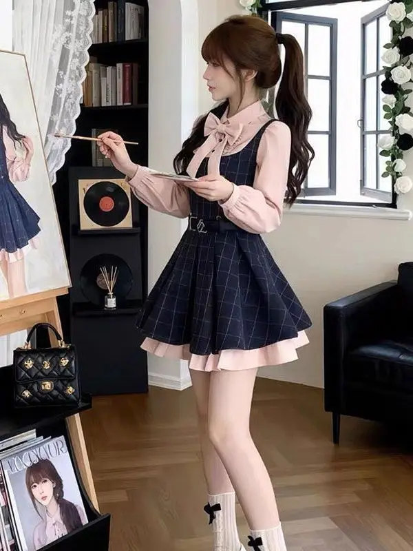 Sweet  Knot Shirt Pleated Dress Women's Spring Autumn Retro Plaid Short Skirt Unique Beautiful  Dress School Sty...