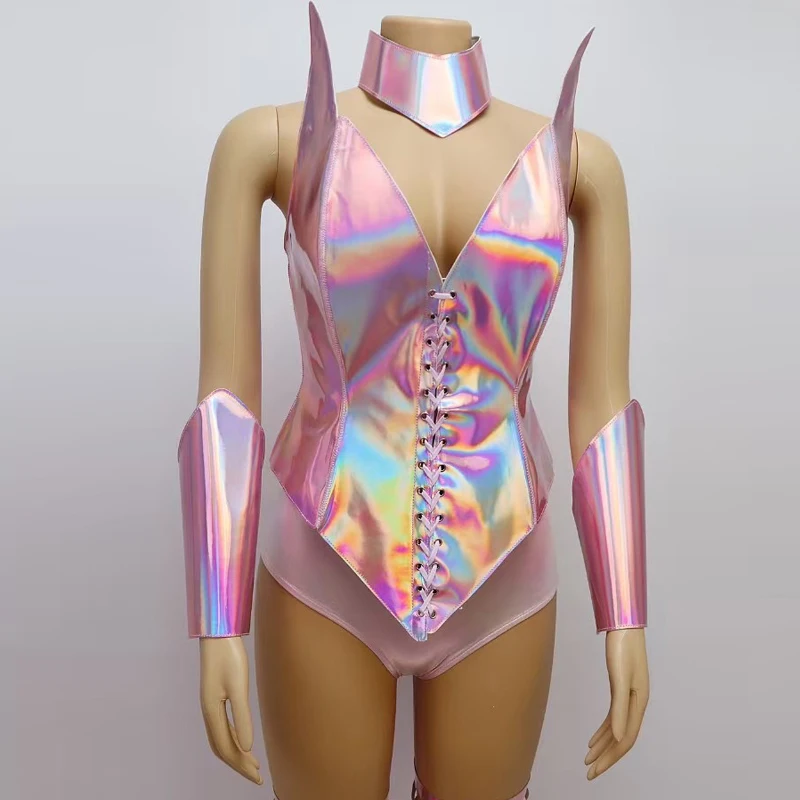 بار ملهى ليلي Dj Ds Gogo ملابس رقص النساء الوردي الليزر الساقين غطاء جوفاء مثير القطب الرقص الملابس الهذيان الزي المرحلة ارتداء XS8832