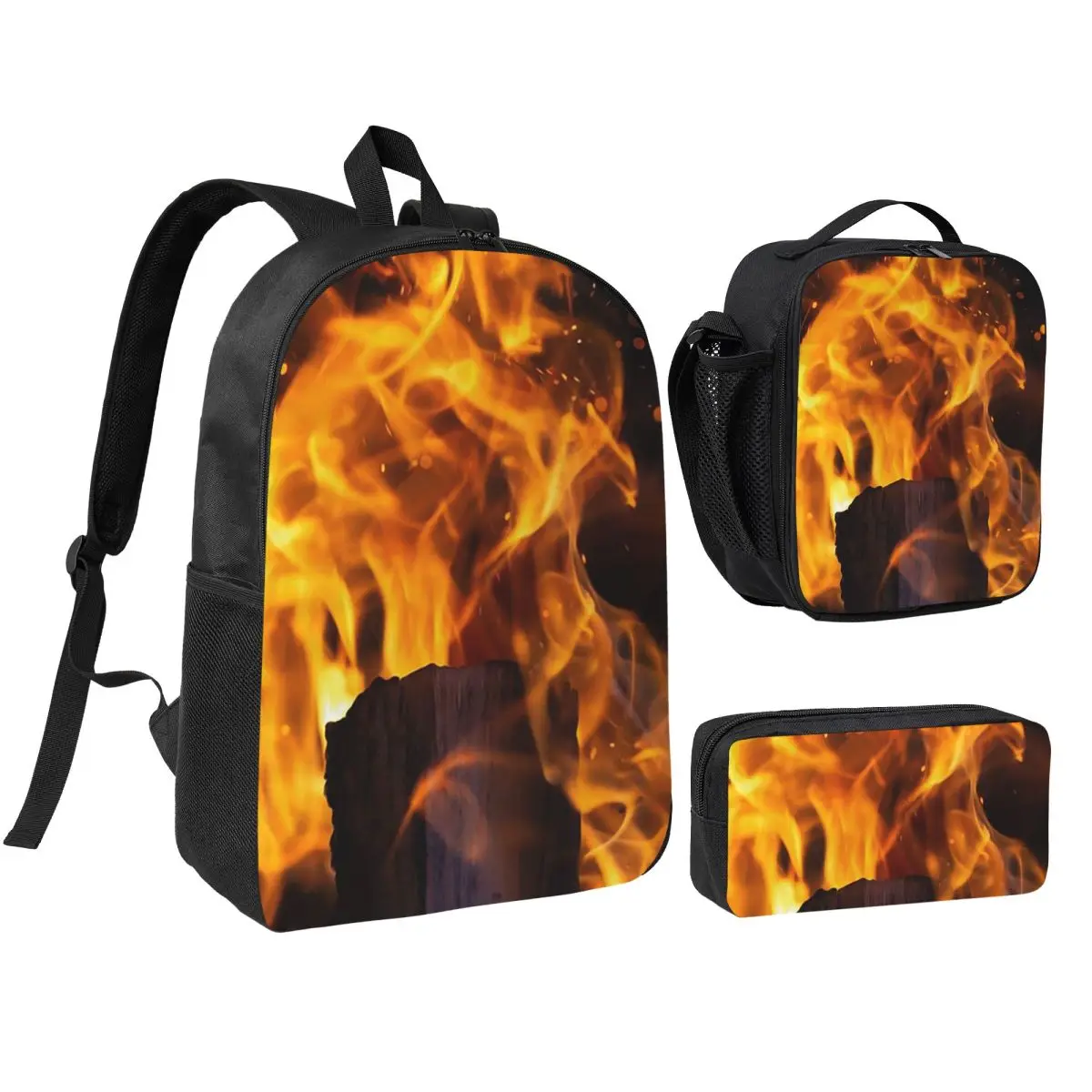 

Burning Fire With Sparks Backpack Boys Girls BookBag School Bag Shoulder Bags 3ps Insulated Lunch Bag Pencil Case