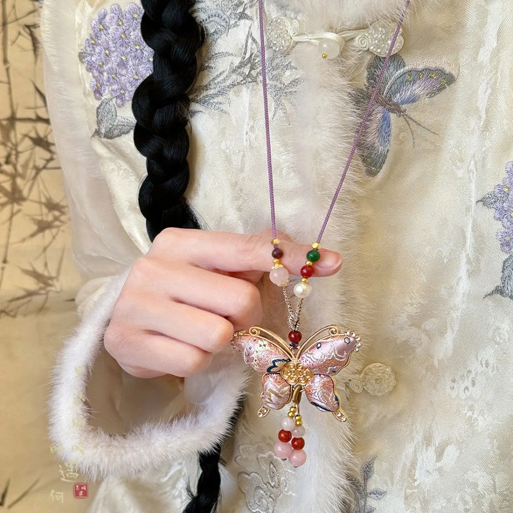 Beads Song Brocade Butterfly Necklace Ethnic Style New Chinese Style Embroidered Pendant Necklace Exquisite Tassels