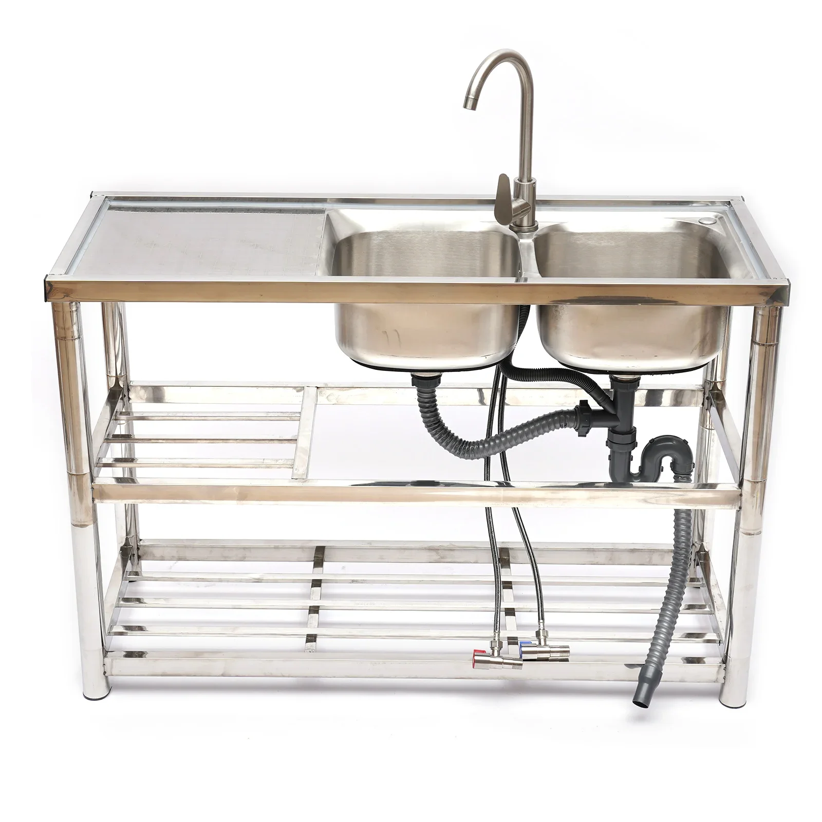 2 Compartment Stainless Steel Commercial Kitchen Restaurant Utility Sink Dish Washing Disinfection Pool With Standing Rack