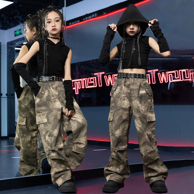 [4-15 Years Old]Girl\'S Crop Top Suit Street Girl Suit  Girl\'S Jazz Camouflage Pants Dance Performance Costume