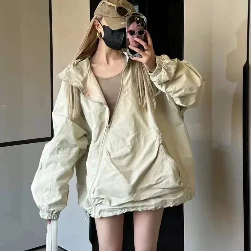 Houzhou Harajuku Stil Damen jacke koreanische Mode Streetwear Overs ize Reiß verschluss Kapuze Vintage Y2k Jacken Wind break Freizeit mantel