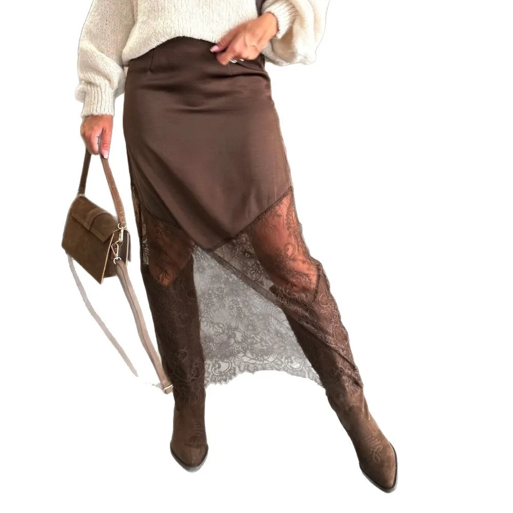 النساء المرقعة تنانير دانتيل 2025 جديد عالية الخصر سليم الجوف خارج تنانير طويلة الخريف البني موضة نادي الحفلات بوهو تنورة خمر #3