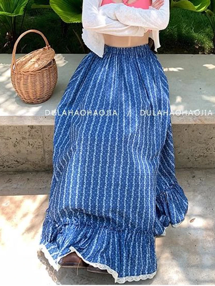 Jmprs ボヘミアンストライプロングスカート女性エレガントな甘いハイウエストレトロスカートカジュアルルーズ女性レースパッチワークヴィンテージスカート