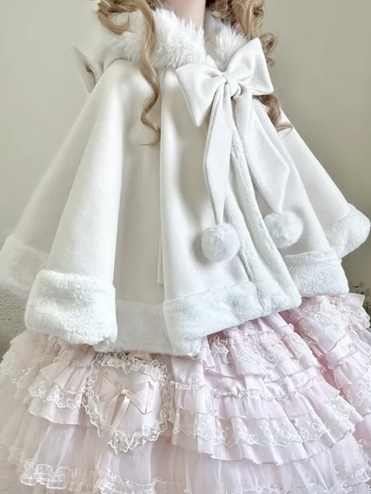 

Winter Sweet Lolita Cute Hooded Cloak Women New Design Fashion Bow Kawaii Warm Coat Harajuku Lovely Fairy Thick Clothing 2025