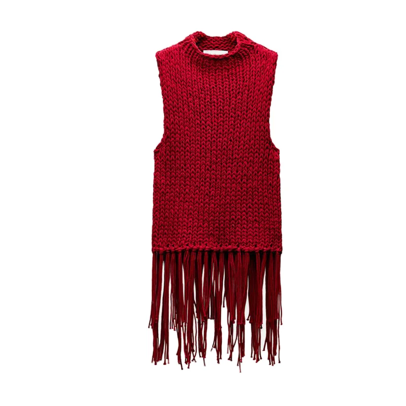 

Spring New Arrival Women's Knitted Vest round Ne Svel Overhead Tassel Decorated Loose Fit Polyester Fiber Regular Thi...