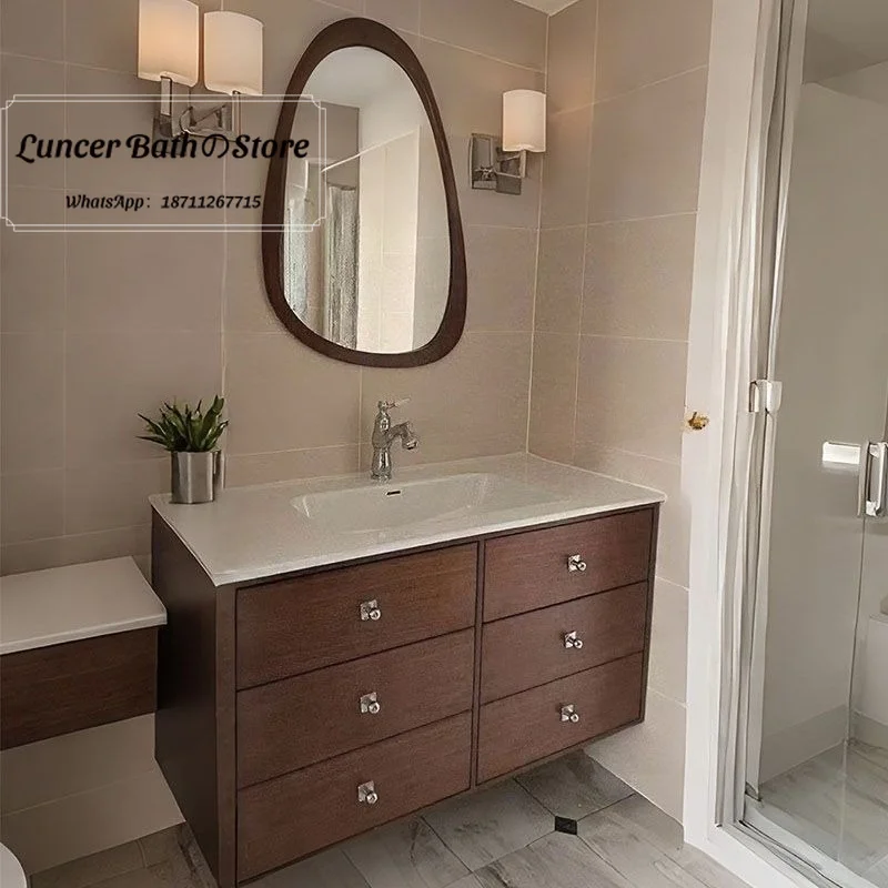 New French American Retro Vanity, Solid Oak Bathroom Sink Set, Freestanding Hand Wash Cabinet for Home