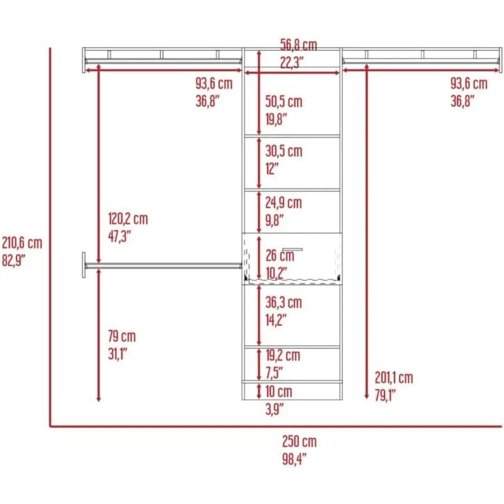 98.4inch Closet System, with Five Open Shelves, One Drawer and Three Metal Rods, Built-In Garment Rack