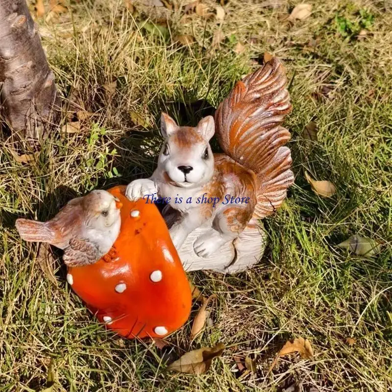 

D0AD Garden Squirrels Птица на грибах статуи смола животных статуэток садовые декоры
