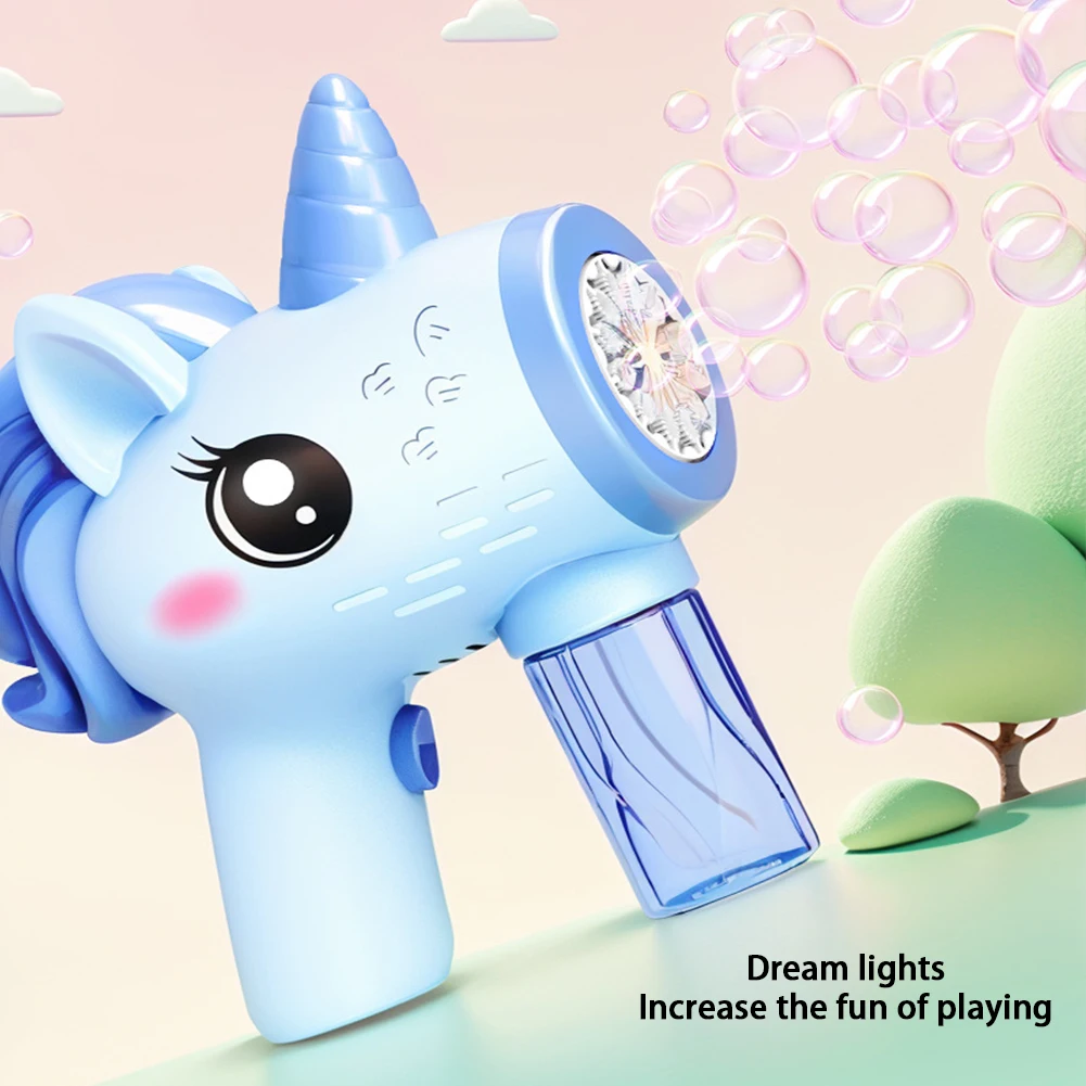 Pistola de burbujas eléctrica de unicornio, máquina de burbujas de juguete, soplador de jabón automático con luces, juegos de fiesta al aire libre de verano, regalos para niños