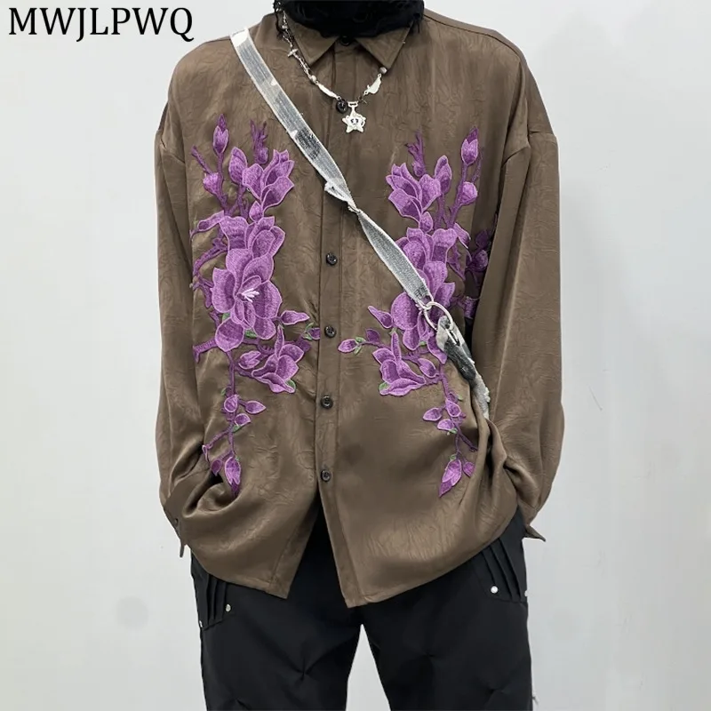 

MWJLPWQ Embroidery Design Texture Shirts Men's High Street Lapel Single Breasted New Long Sleeve Couples Loose Casual Tops 11665