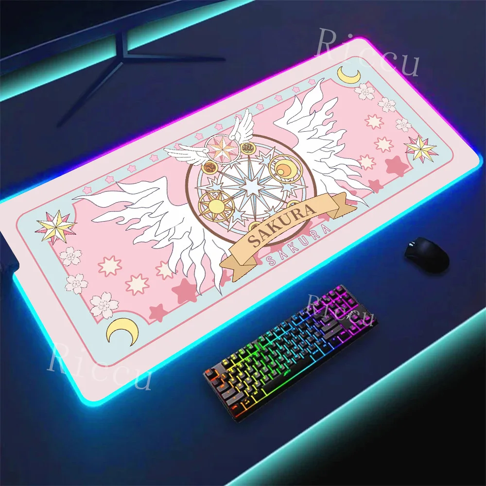 Anime Cardcaptor Sakura Card Large RGB Mouse Pad XXL Gaming Mousepad LED Clow Card MouseMat Gamer Luminous Desk Pad With Backlit
