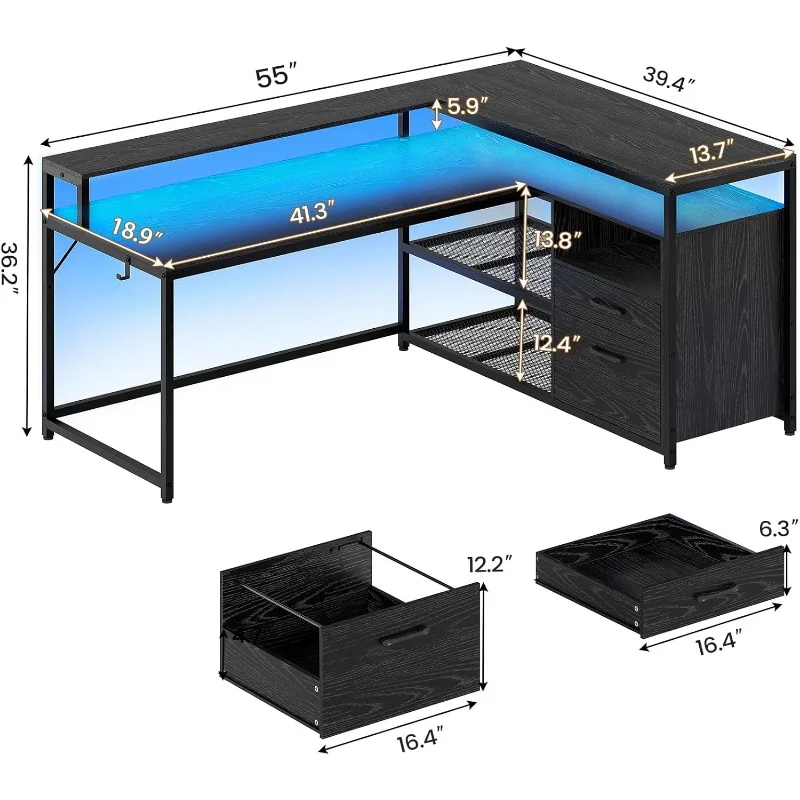 서랍이 있는 코너 컴퓨터 책상, 파일 서랍 및 보관 선반이 있는 55 인치 컴퓨터 책상, LED 조명이 있는 L 자형 게임 책상