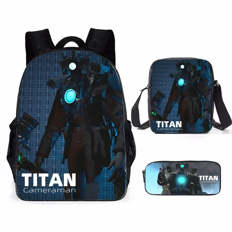 Set tas sekolah Toilet Skibidi, ransel kasual untuk anak laki-laki dan anak-anak, motif kamera Titan, 3 buah