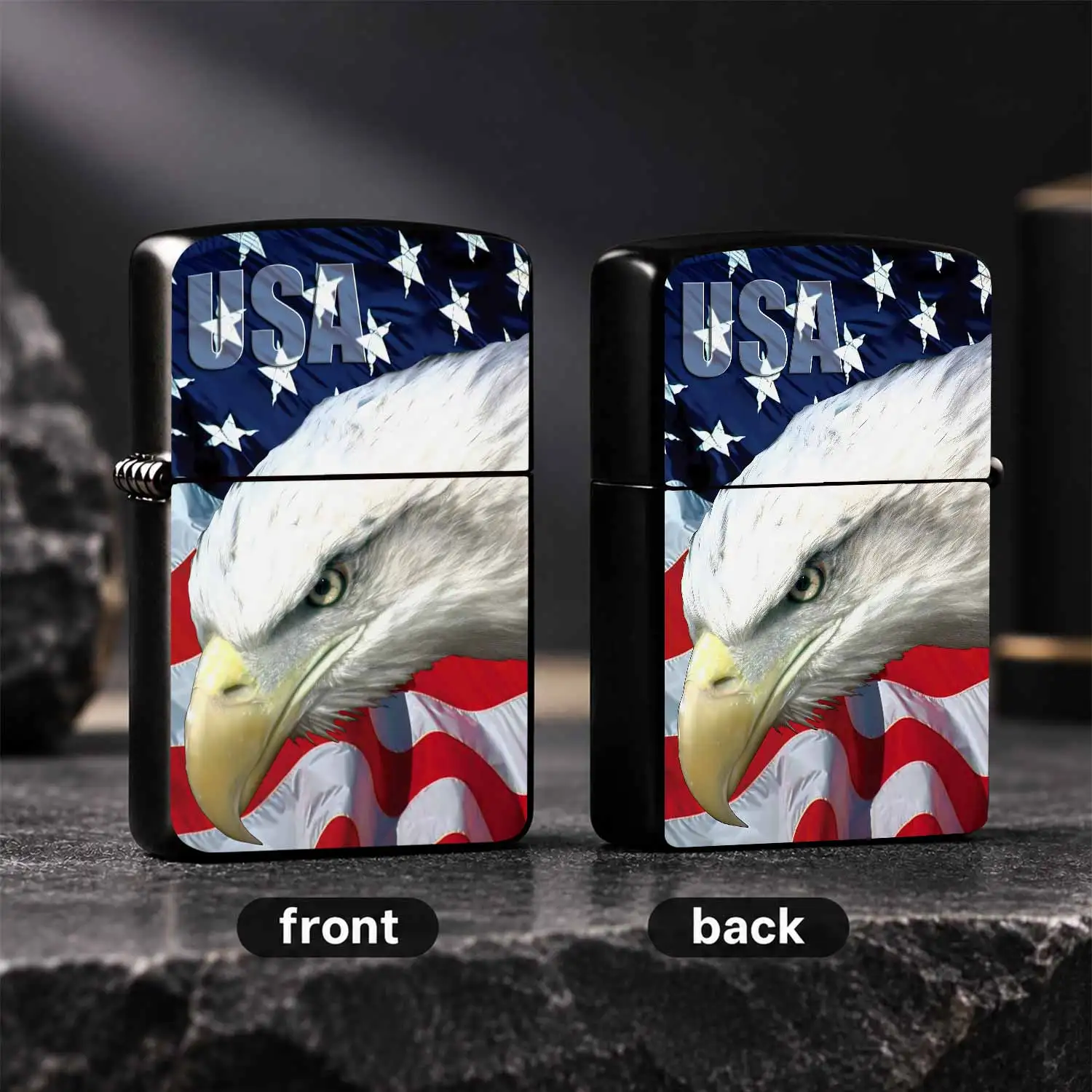 Patriotic USA Bald Flag Themed Pocket Lighter, Windproof PORTABLE Ignition TOOL for Daily Use Camping Travel Gathering, Ideal Thoughtful Gift for Independence Day Veteran Holiday, Durable Stylish Accessory for All Occa A Humorous And Intere