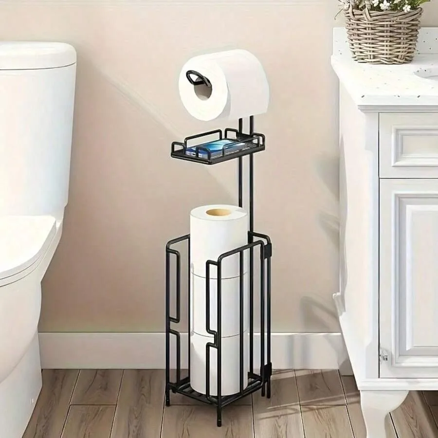 

TAIMASI Freestanding Toilet Paper Holder With Storage Shelf Metal Bathroom Organizer Holds 3 Spare Rolls, Fathers Day Gift