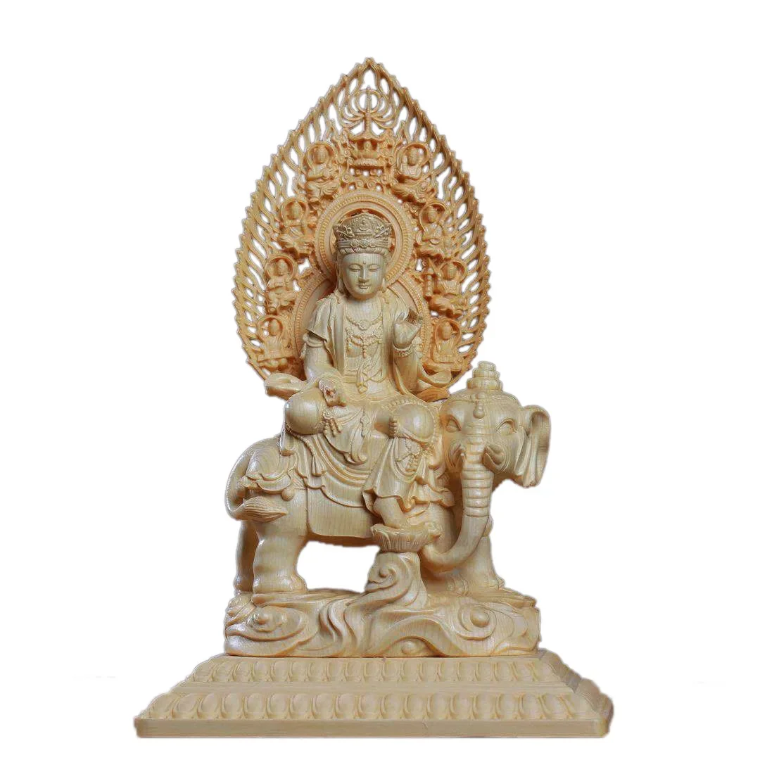 Wooden Carving Samantabhadra Manjushri Buddhist Figure Statue Solid Wood Carving Feng Shui Ornament  Home Living Room Decoration