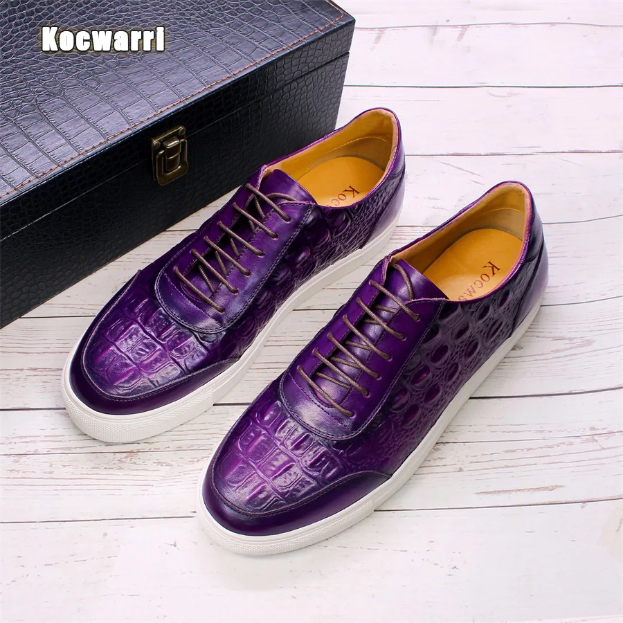 Men\'s Fashion Casual Leather Shoes Handmade Genuine Leather Crocodile Pattern Lace Up Non-slip Flats Dating Party Dress Shoes