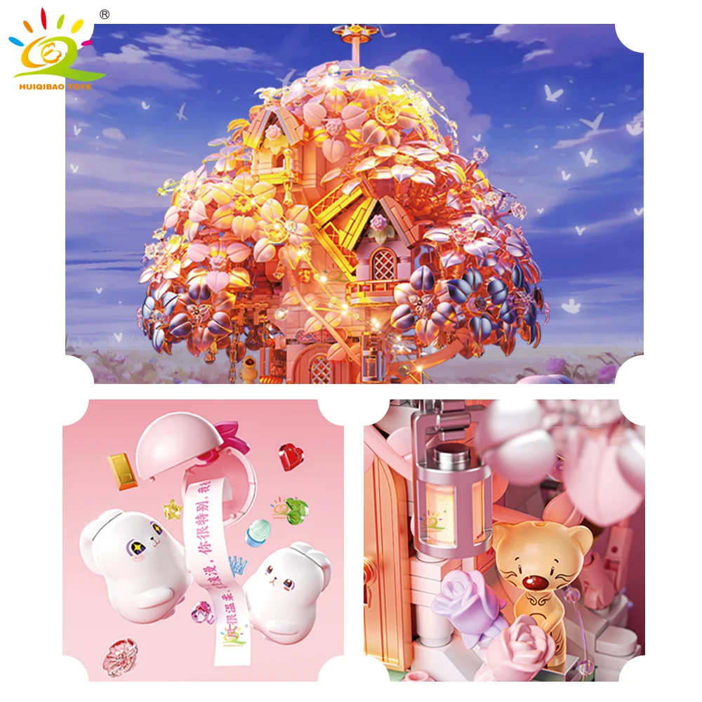 HUIQIBAO DIY Discoloration Cherry Blossom MOC Flower Pink Tree House Building Blocks Classic Model Bricks Sets Kid Romantic Gift