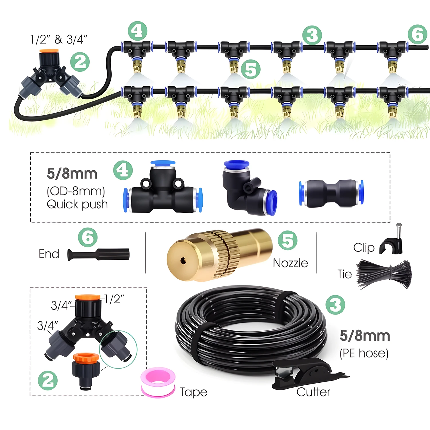 Garden Vegetables Plants Mist Spray Cooling System 30-5M 5/8mm Hose Brass Atomizing Nozzle Watering Kit for Patio