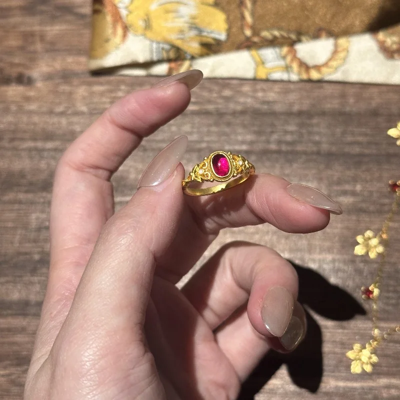 خواتم عقيق أحمر لؤلؤي عتيق للنساء مصنوعات ذهبية عتيقة على طراز القصر خاتم بيضاوي فاخر خفيف مجوهرات ساحرة #4