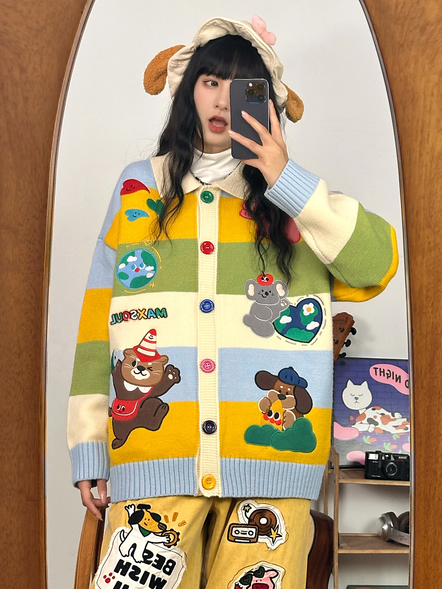 

Original Cute Cartoon Embroidery Dopane Color Blo Knitted Open Cardigan Sweater Women's Autumn Top Street Sle Loose Fit