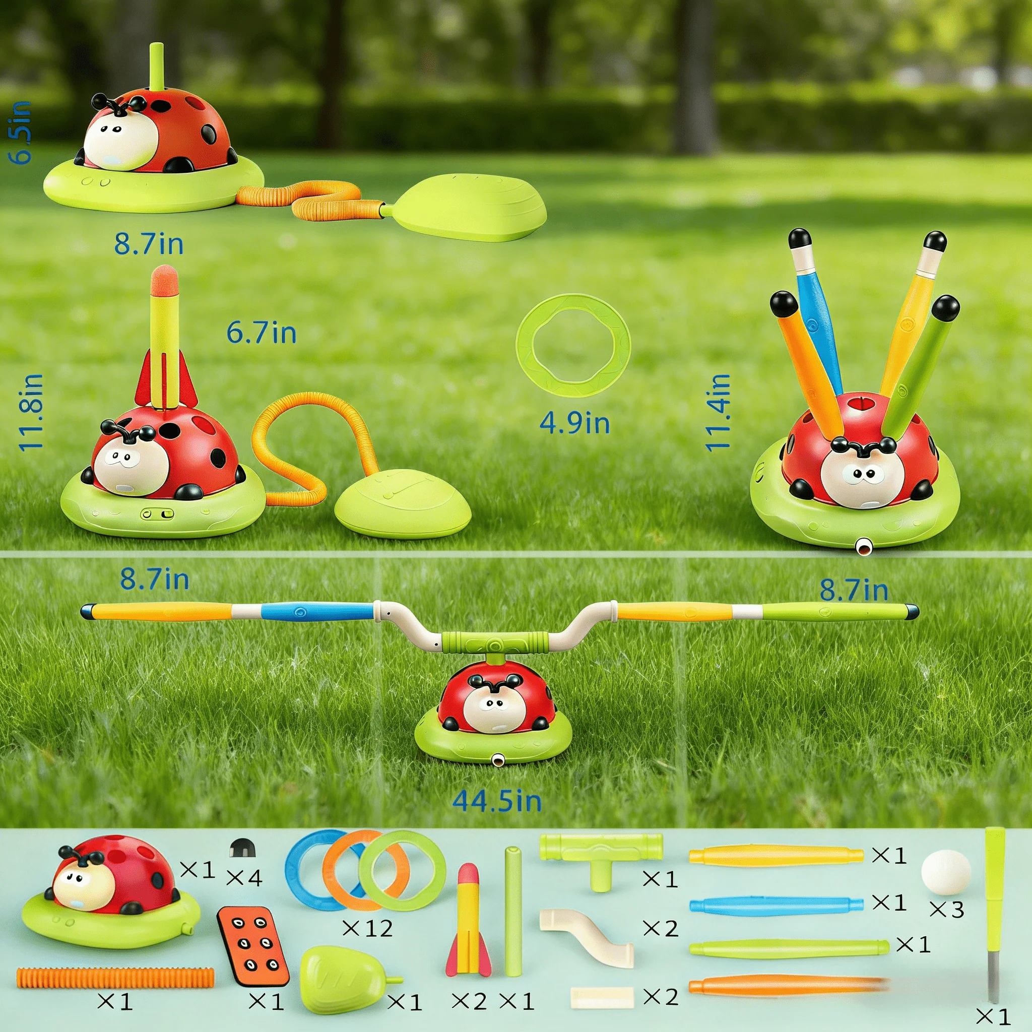 ของเล่นกีฬาและการศึกษาอเนกประสงค์เลดี้บั๊ก 4-in-1: เครื่องกระโดดเชือก, โยนห่วง, กระโดด, โยนถุงถั่วหรือลูกเบสบอล, เล่นยิงจรวด, ของเล่นในร่มและกลางแจ้งสำหรับเด็ก, ได้รับความนิยมจากเด็กชายและเด็กหญิง