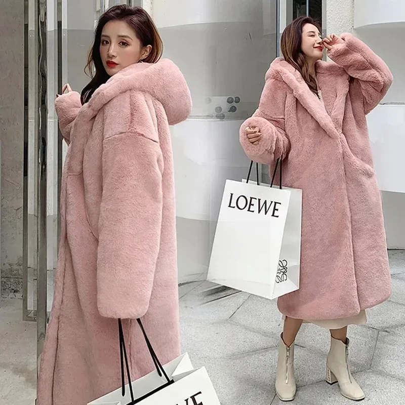 Fur Coat Large Autumn and Winter Women\'s Warmth Thickened Imitation Mink Hair Long Hooded Coat Artificial Fur Imitation Fur