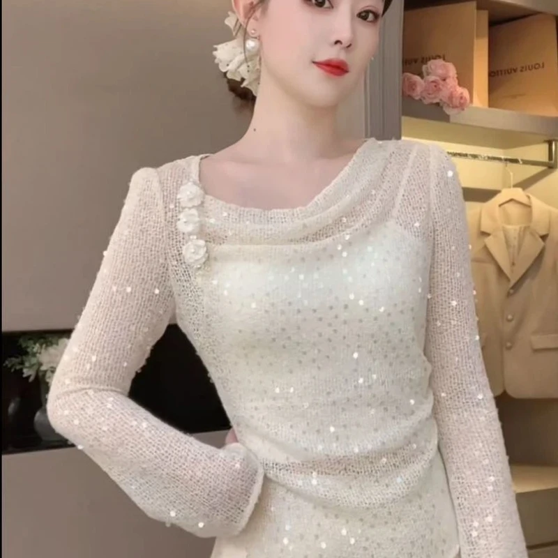 

Elegant Women Blouse With Beaded Detailing And Soft Knit Texture For Spring And Autumn Wear