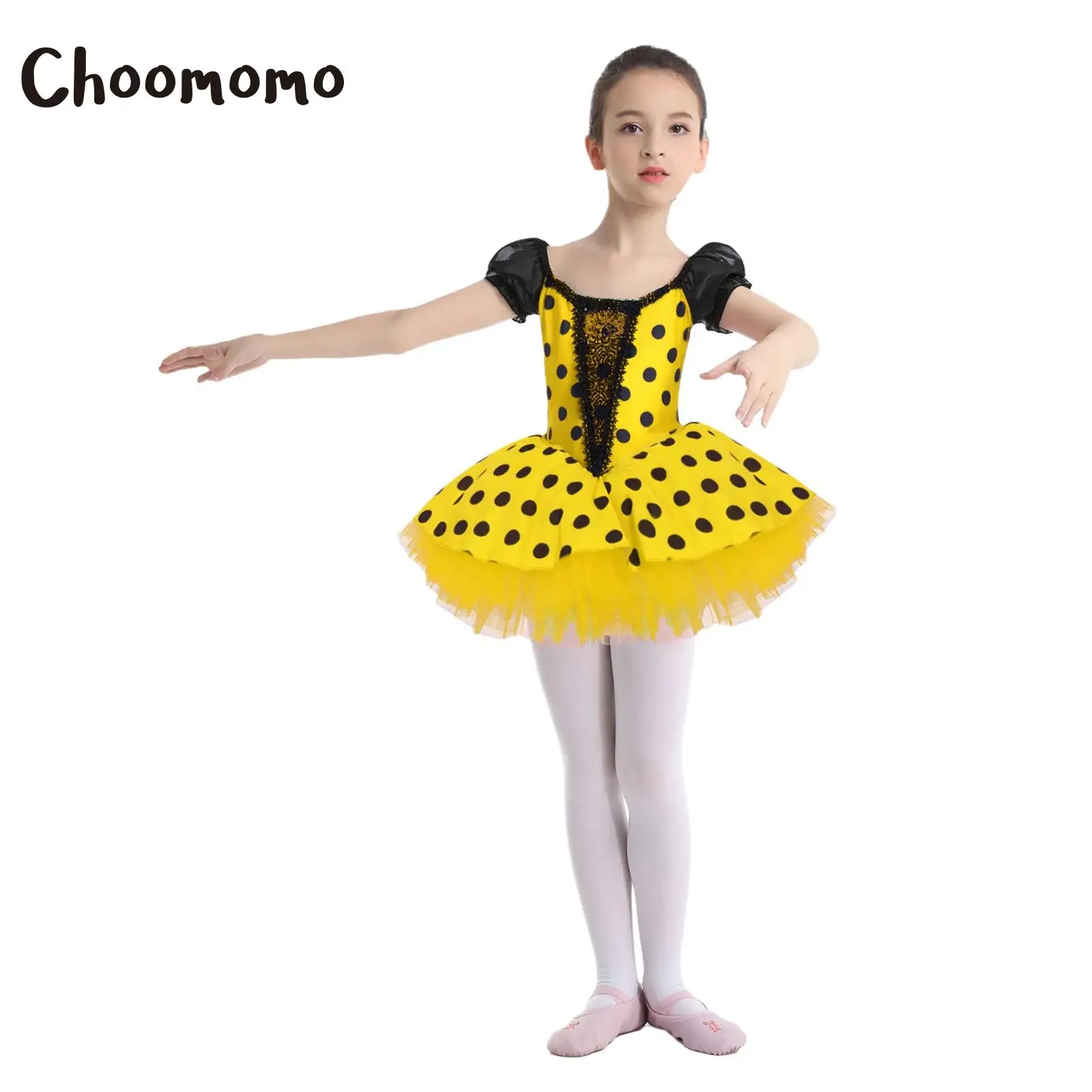 

Children Girls Ballet Performance Costume Shiny Sequins Color Block Patchwork Short Puff Sleeve Dots Tutu Dots Tutu Dance Dress