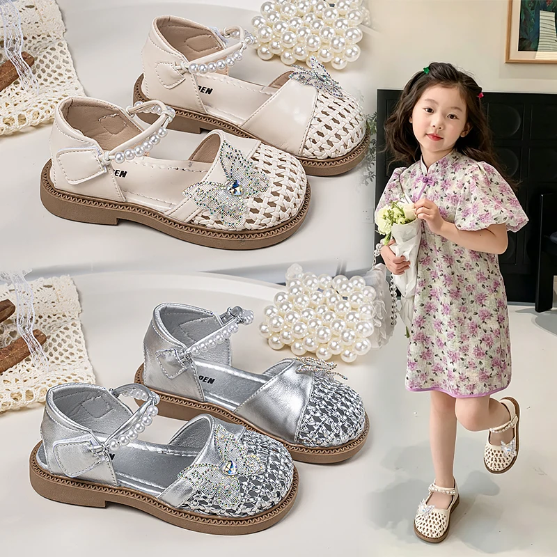 

Spring Summer Toddler Girls Silver Woven Closed Toe Sandals Butterfly Rhinestone Pearl Non-Slip for Party School Daily Wear