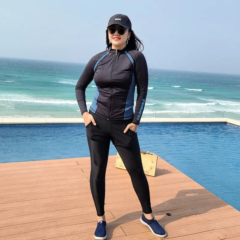 Women Plus Size 5 Piece Long Sleeve Rash Guard Swimsuit Swim Shirts Tops and Bottoms with Boy Short Swimwear Rashguards Sunsuit image 3