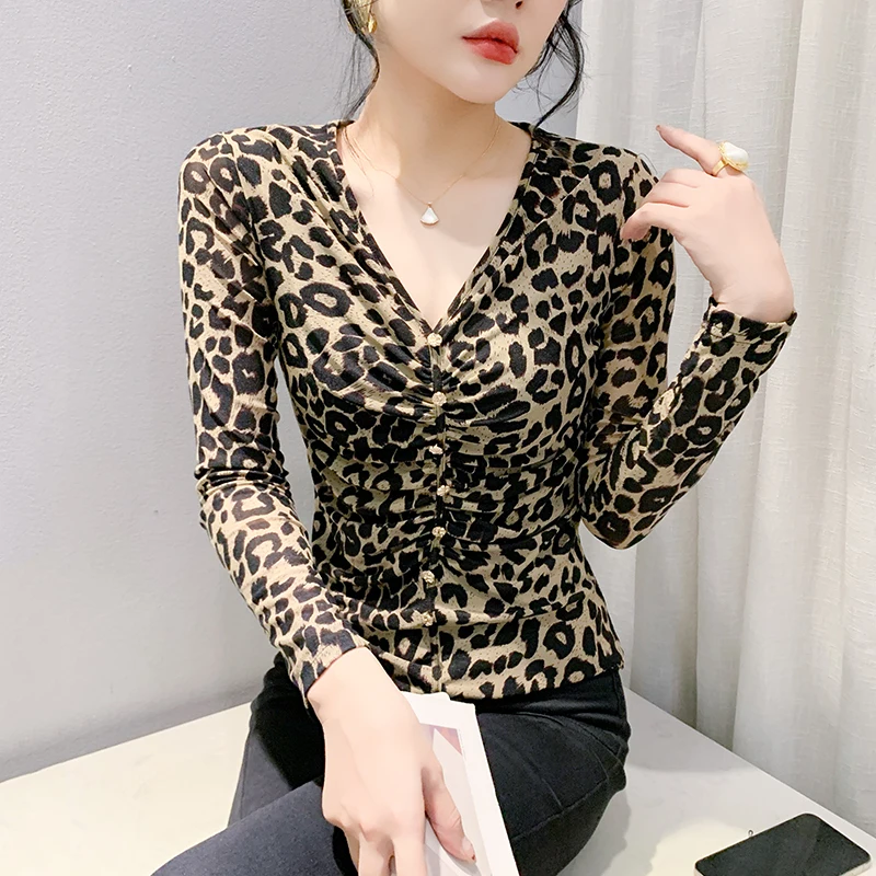 Elegant Anti-Aging Gathered Neckline Women's Top Spring Autumn New Sexy V-Neck Mesh Base Shirt Slim Waist Inner Wear T-Shirt ...