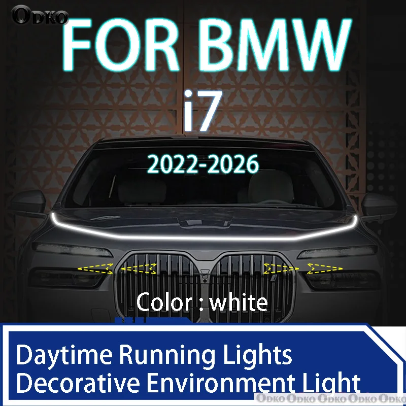 

Для BMW i7 2022-2026 Новое обновление светодиодных дневных ходовых огней, сканирование запуска капота автомобиля, направляющая DRL, декоративная лампа окружающего света 12 В