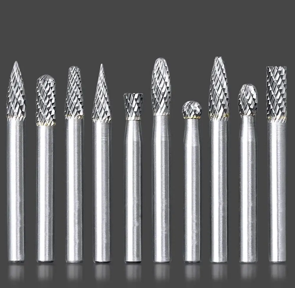 Binoax 10pcs Tungsten Carbide Burrs Set 3/6MM Shank Double Cut Solid Carbide Rotary Burr Set for Die Grinder Drill