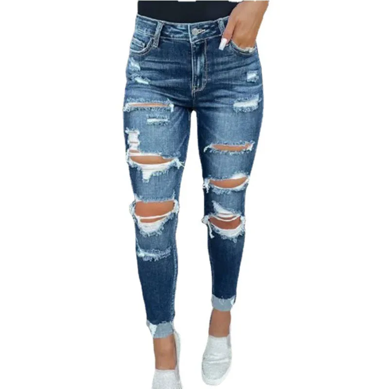 Damen jeans große elastische zerrissene gewaschene schlanke Hose kleine Füße Skinny Fashion Casual Jeans Damen S-XL