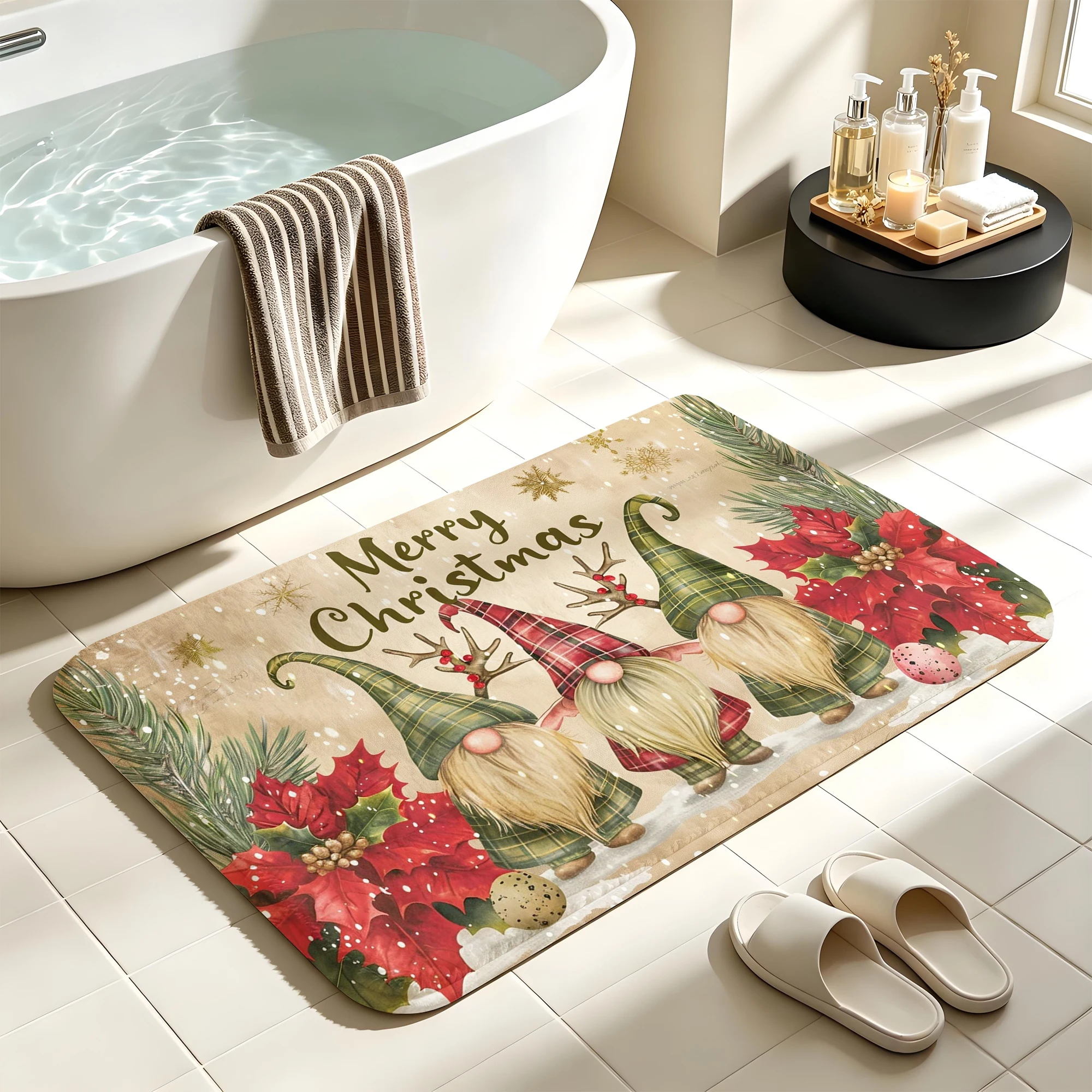 Watercolor Plaid Gnome Poinsettia Print Plush Absorbent Sponge Mat,Bathroom Non‑Slip Mat & Decorative Door Mat