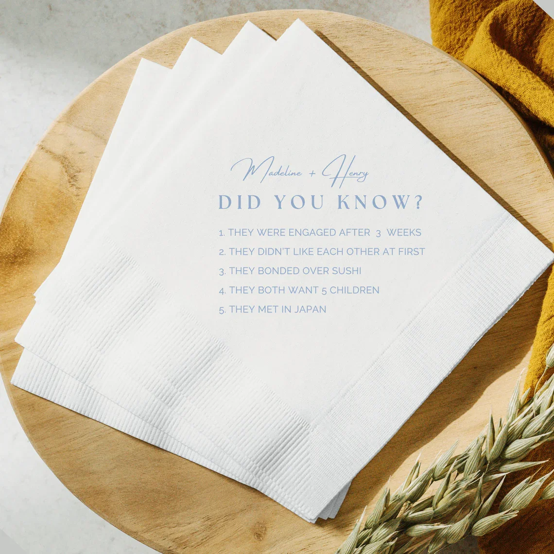 Fun Fact Wedding Napkin Custom Wedding Trivia Cocktail Napkin Wedding Reception Beverage Napkin Personalized Decor Elegant Print