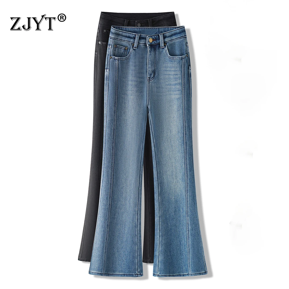 

ZJYT осенне-зимние толстые расклешенные джинсы для женщин, модная уличная одежда, женская одежда, низ, повседневные джинсовые брюки, длинные брюки