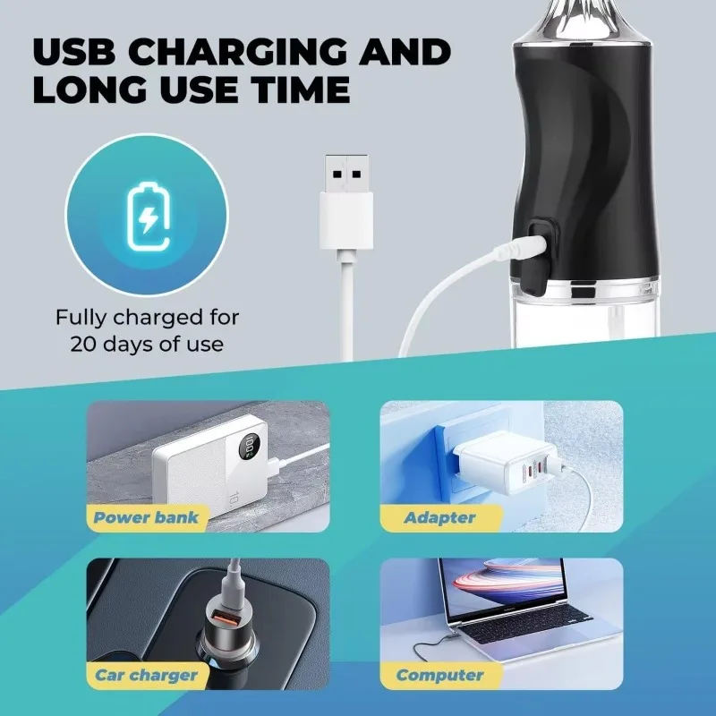 منظف مياه أسنان محمول ، ري فموي ، تنظيف أسنان ، USB قابل لإعادة الشحن ، منظف أسنان ، 4 أطراف نفاثة ، مقاومة للماء IPX7 ، خزان