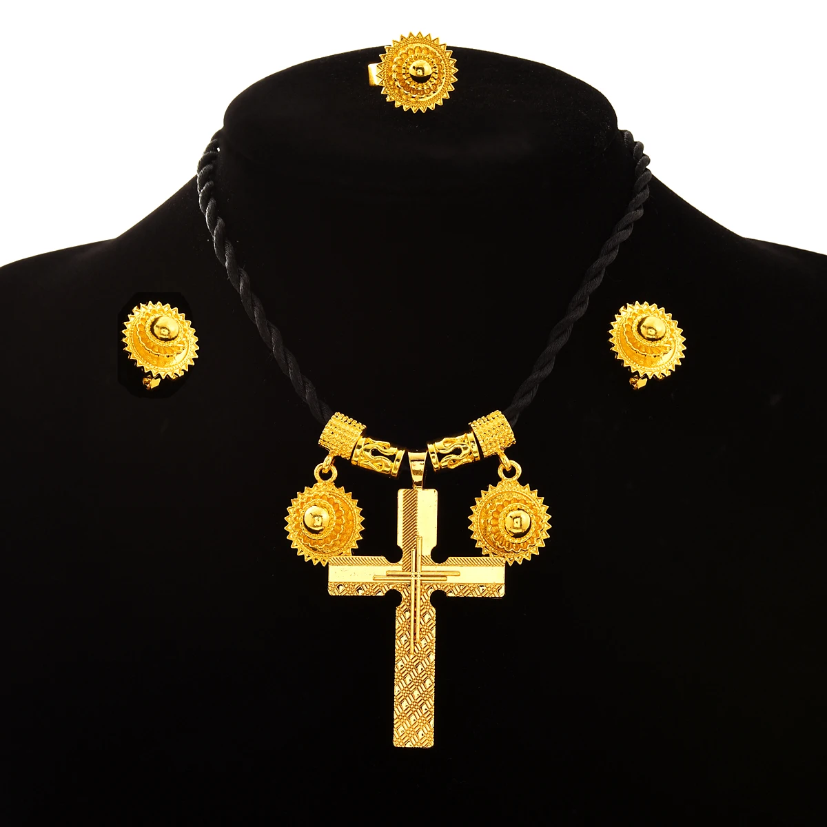 Dubai Gold Color Classic jewellery Earrings/Ring/Cross Pendant Ethiopian Jewelry Set Africa Bride Wedding Party Gifts Holiday