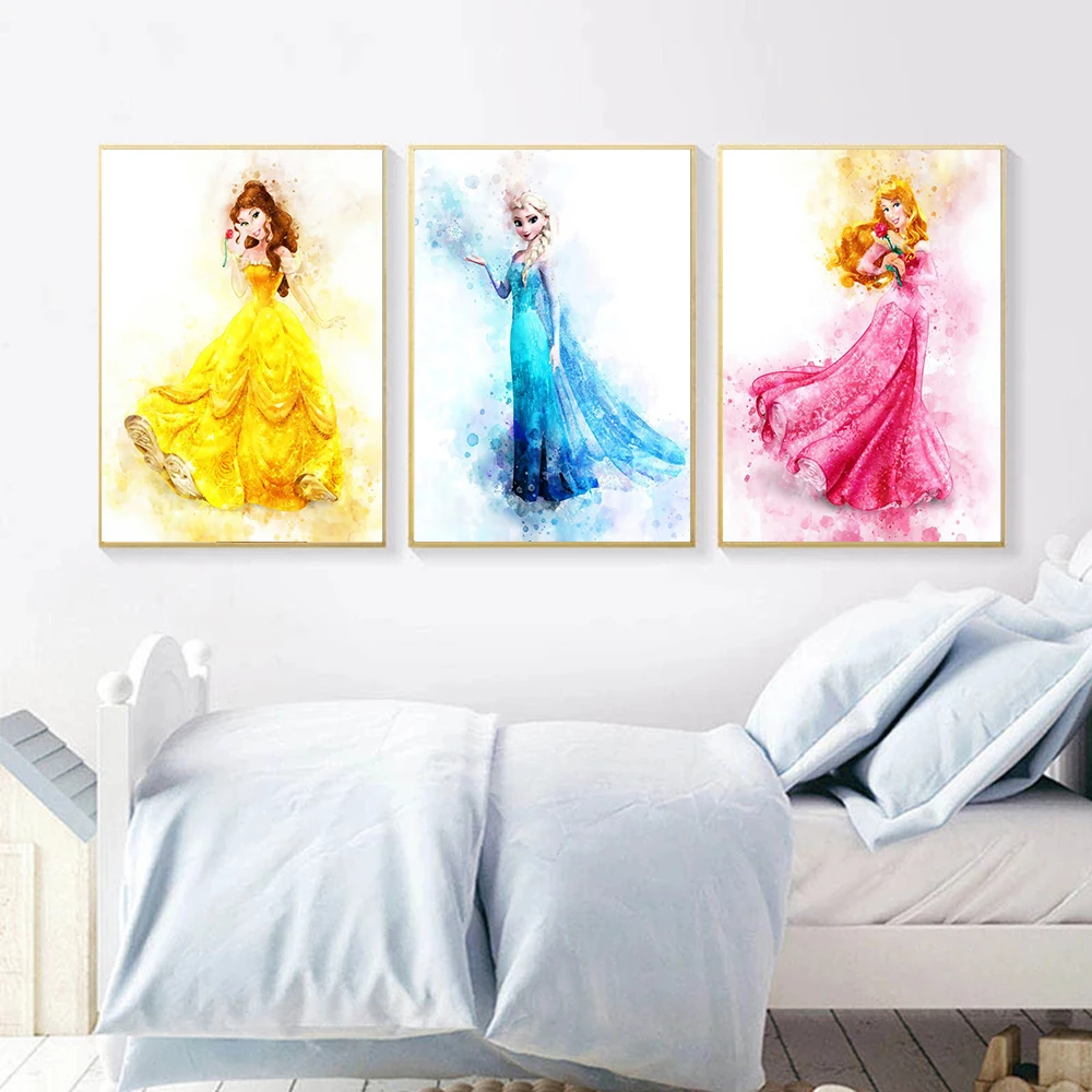   ديزني شخصية كرتونية الجدار ملصق فني سنو وايت الأميرة إلسا ديكور المنزل غرفة المعيشة الفتيات غرفة قماش اللوحة هدية