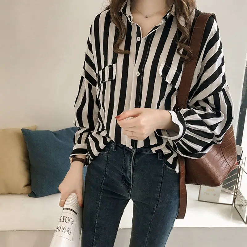 Spring Summer Woman Clothes Ins Chic Loose Casual Long Sleeve Shirt Thin Outerwear Striped Youth Preppy Style Fashionable Trend